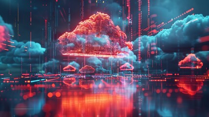 Cloud computing concept. 3d rendering toned image double exposure.