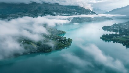 Fototapeta premium Photo of Lake Wanaka in Austria, an aerial view with turquoise water and surrounding mountains