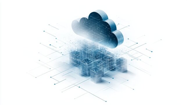 Digital cloud computing concept with data blocks and abstract technology elements, ideal for tech and innovation themes.