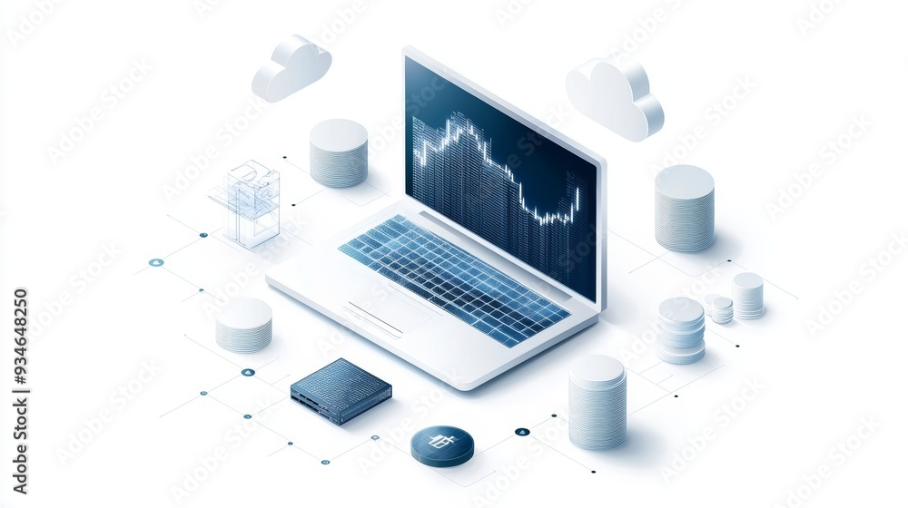 Aufkleber modern laptop displaying data analysis with graphs and cloud icons, ideal for financial and technolo