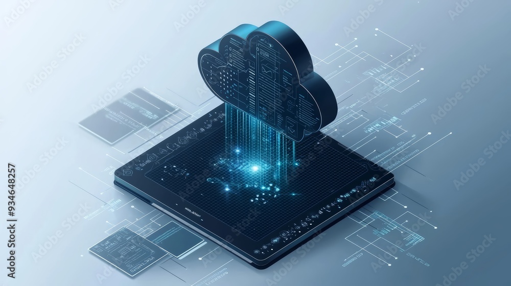 Poster stylized cloud computing concept with data transfer illustrated on a digital tablet, symbolizing tec