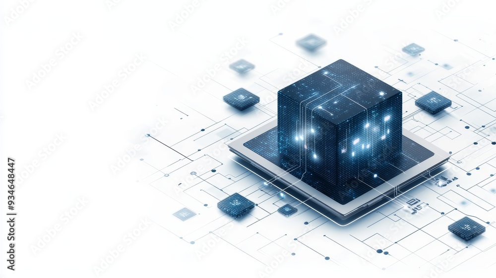 Poster a futuristic digital cube on a tablet, representing advanced technology and data processing in a mod