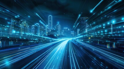 Cityscape with Light Trails and Skyscrapers