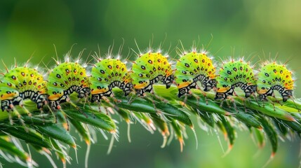 Naklejka premium A group of caterpillars on a plant, emphasizing their collective impact on vegetation