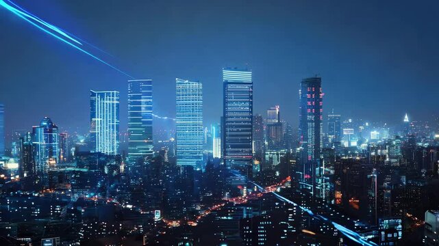 A vibrant city skyline at night featuring illuminated skyscrapers and dynamic light trails, symbolizing technology and modernity.