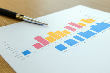  색상 그래프와 펜을 사용한 금융 보고서, AI 생성
