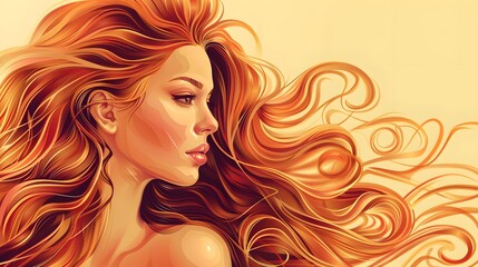 Beautiful woman in profile with long and shiny wavy hair . Beauty model girl with curly hairstyle . Fashion, cosmetics and makeup. 