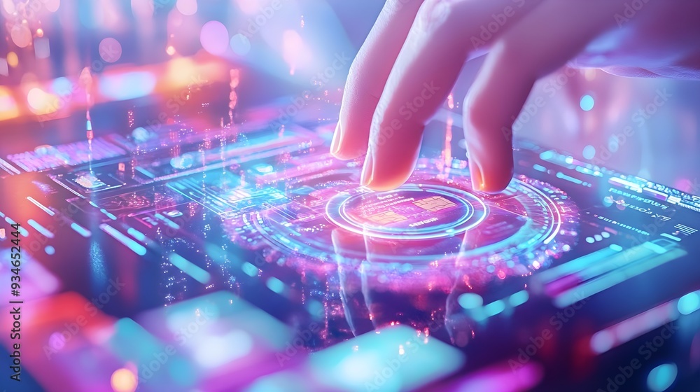 Poster futuristic tech interface with finger touching screen