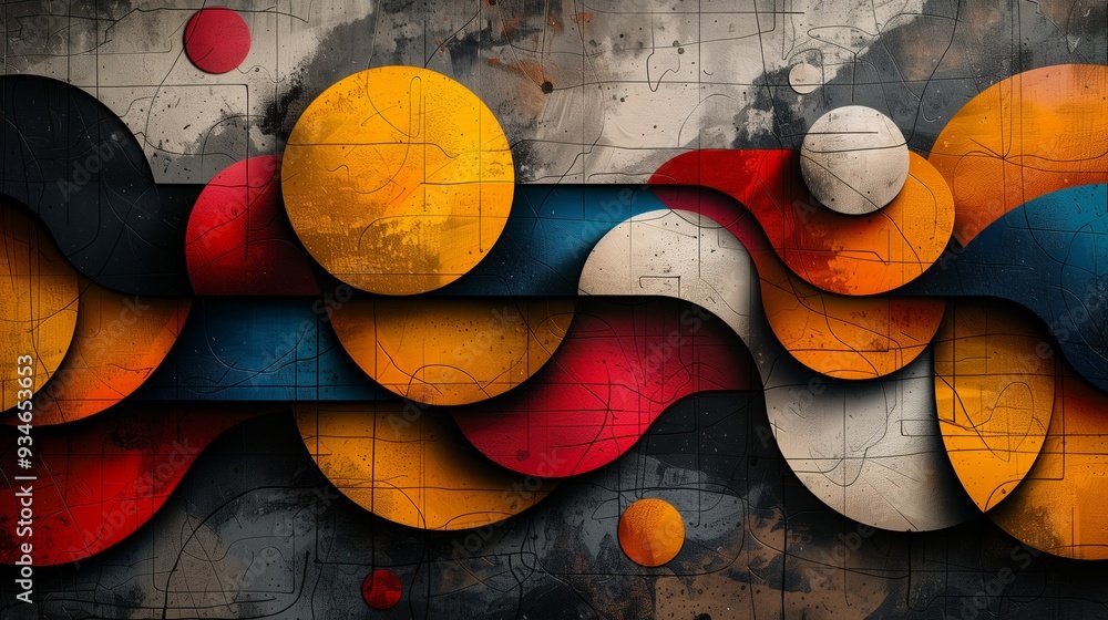 Poster abstract pattern featuring colorful circles and wavy lines on a textured wall