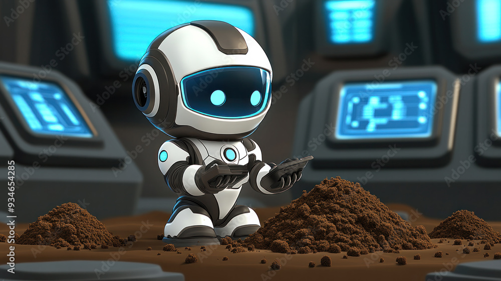 Poster a robot is standing in a pile of dirt. the robot is holding a device in its hand. the robot is weari
