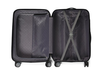 Open empty suitcase for travelling isolated on white, top view