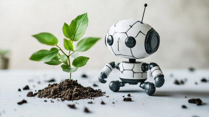 A robot is standing next to a plant. The robot is white and black and has a camera on its head. The scene is peaceful and serene, with the robot and plant coexisting in harmony