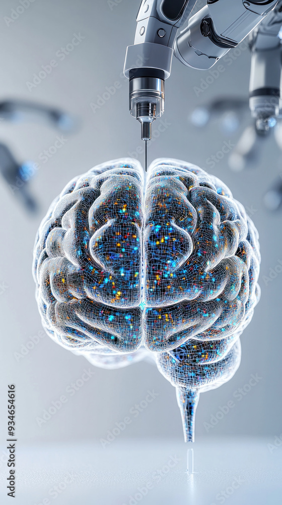 Poster a robot is drilling into a brain. the robot is a machine that is used to perform surgeries. the brai