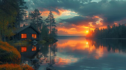 Serene Sunset Over Calm Lake Reflected in Rustic Cabin Windows in Northern Forest