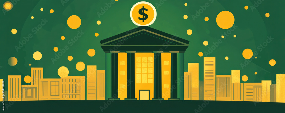 Aufkleber a green background with a dollar sign and a building with a gold dome. the building is surrounded by