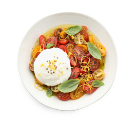 Delicious fresh burrata salad in bowl isolated on white, top view