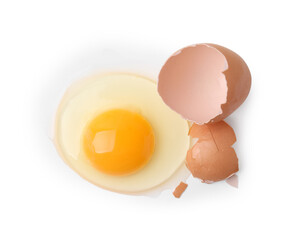 Broken raw egg and shell isolated on white, top view