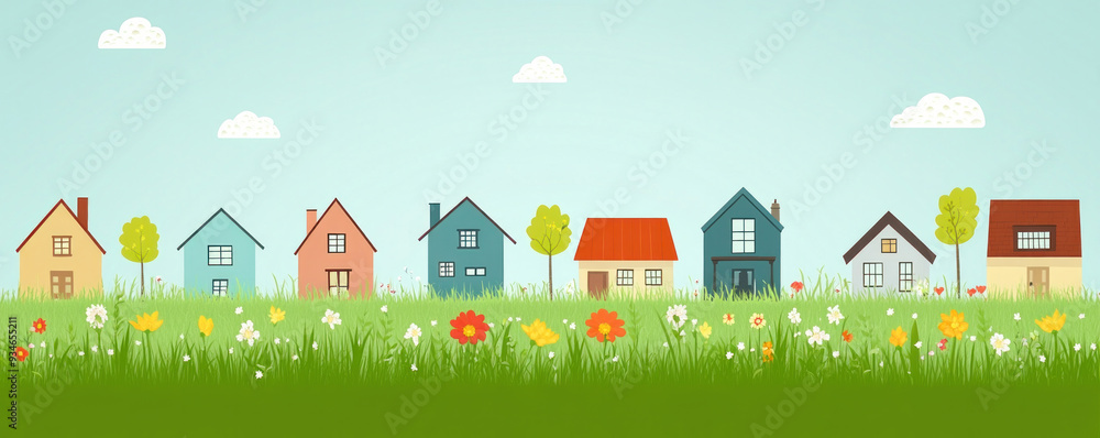 Poster a row of houses with a green field in between. the houses are of different colors and sizes