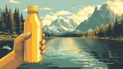 A person holding a bottle of water in front of a mountain range. Concept of adventure and exploration, as the person is likely on a hike or trek in the mountains