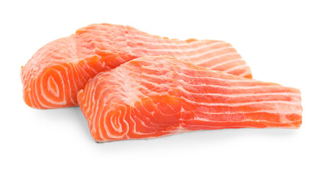 Pieces of fresh salmon isolated on white