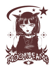 Anime gothic japanese graphic t shirt design for print, horror japanese girl vector illustration, dark Anime japan style