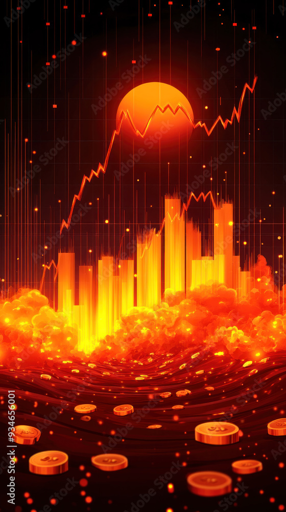 Poster a cityscape with a large orange sun in the background and a bunch of coins scattered around. scene i