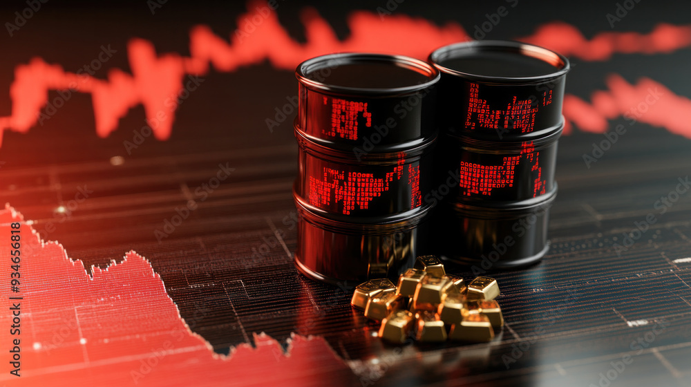 Poster a pair of black barrels with red numbers on them sit on a table with gold coins. concept of financia