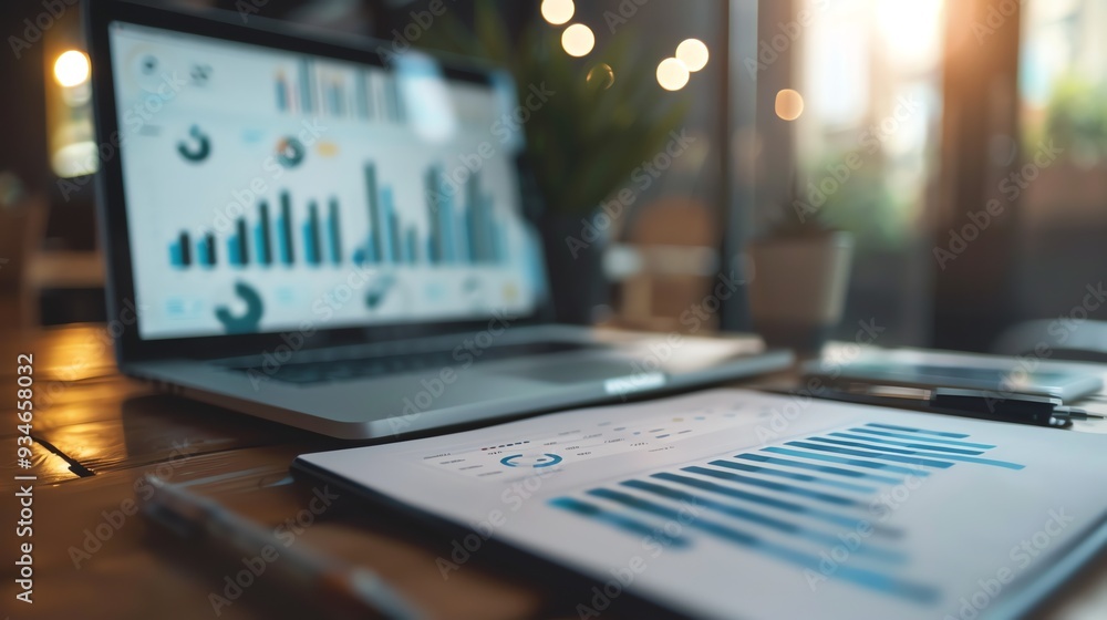 Poster a laptop with charts displayed on the screen sits on a desk with printed charts beside it.