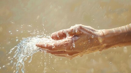 Fototapeta premium Water pouring on hand in morning ligth background. 