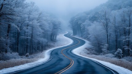 Fototapeta premium Winding road through a snow-covered forest with a misty background.
