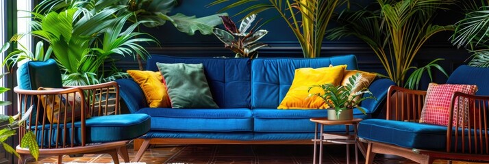 Classic wooden-framed armchairs with colorful cushions on a deep blue sofa in a vibrant living room filled with lush greenery. Authentic image.
