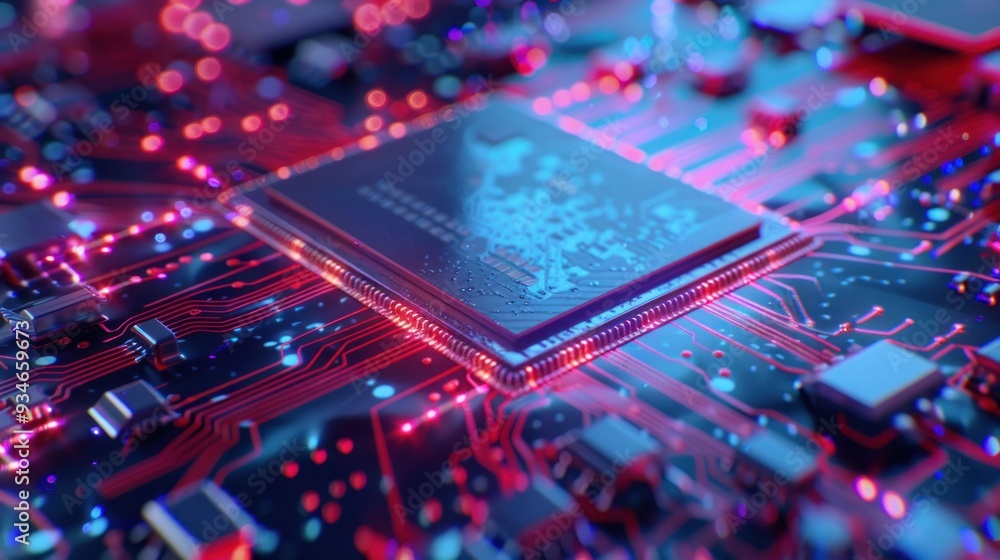 Poster close-up of a motherboard circuit board with a glowing processor