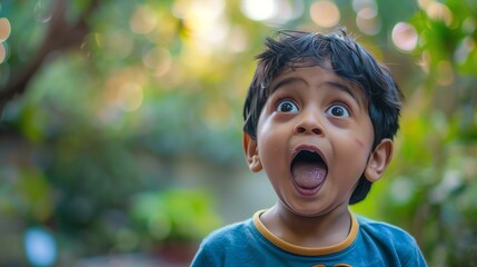 A young boy with dark hair stares up with a surprised expression.