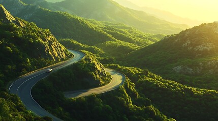 Cinematic View of Car Driving Along Winding Mountain Road at Sunset