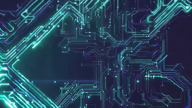 Abstract digital circuit design with neon blue lines on a dark background, ideal for technology and innovation themes.