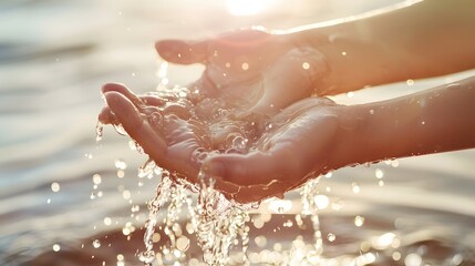 Fototapeta premium Water pouring on hand in morning ligth background. 