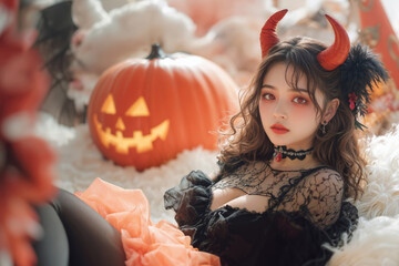 ハロウィーンをテーマに悪魔の仮装をしている若い日本人女性(美人モデル)