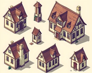 Naklejka premium set of isometric houses, simple vector illustration, 3D render, front view, top down view, front and side views clipart element, prnt, business, workart