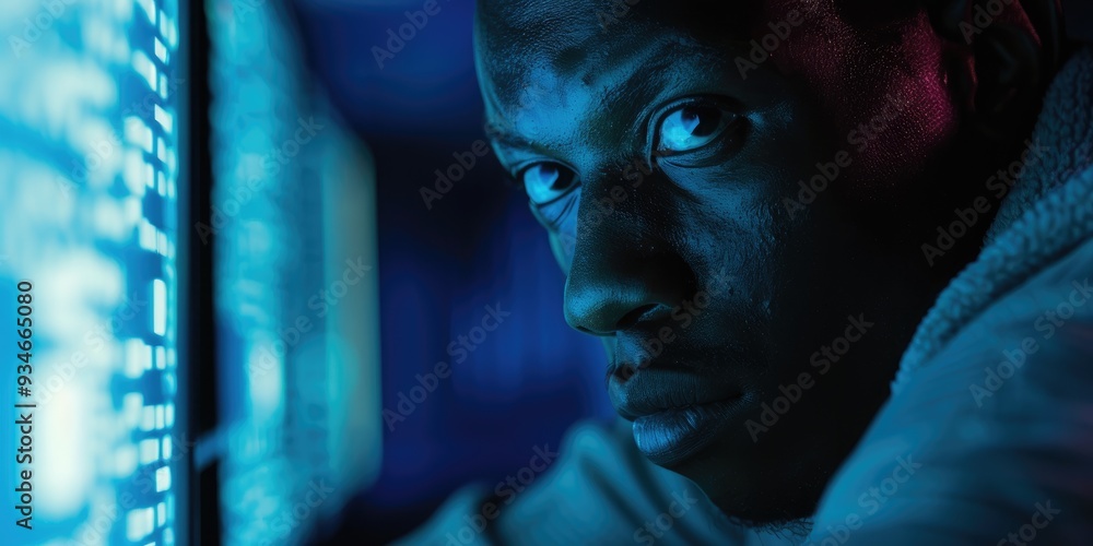 Poster close-up of an individual engaged in cybercrime within a concealed location, taking advantage of net