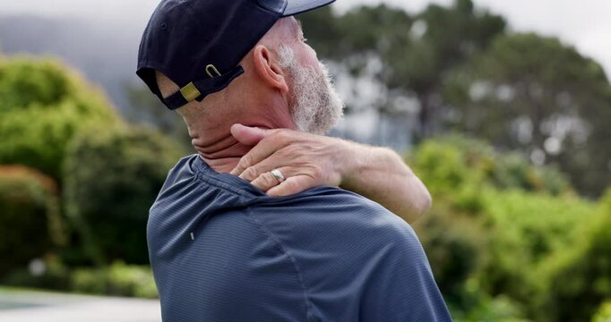 Senior man, shoulder pain and strain with hand, fitness and tendinitis for arthritis, injured and park. Health issue, retired and sick with bone, upset and ache for osteoporosis, injury and hurt