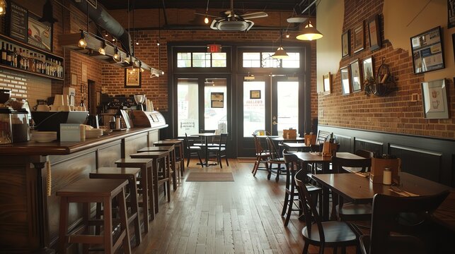 A cafe with a brick wall and wooden tables and chairs.