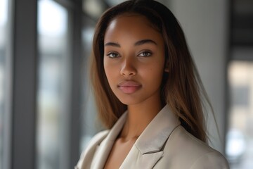 Fototapeta premium Confident professional woman in sleek office attire with a focused gaze
