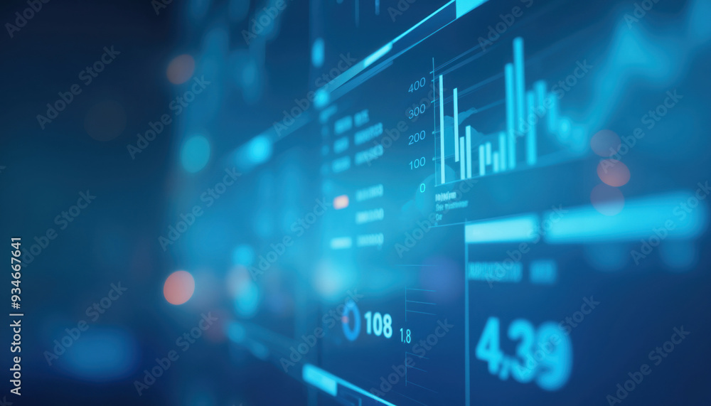 Poster digital financial dashboard with blue hues: close-up of a digital financial dashboard in blue tones,