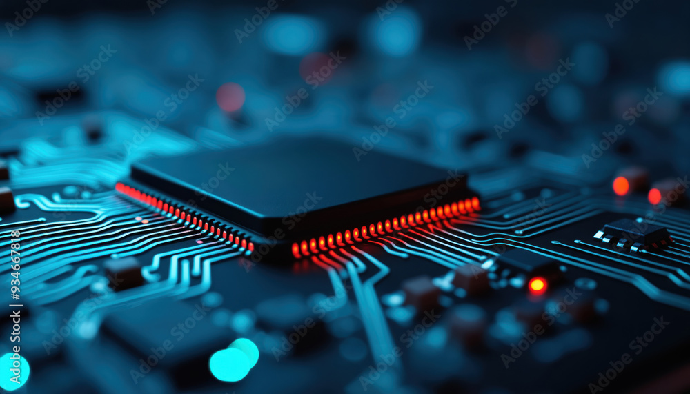 Poster red and black microchip on circuit board: a red and black microchip on a circuit board, highlighting