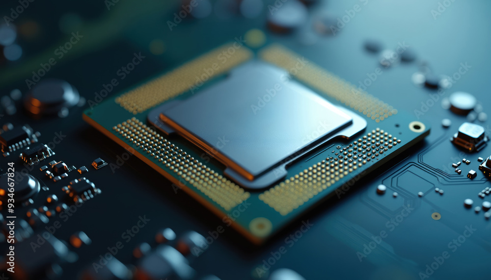 Poster gold cpu on circuit board: a gold cpu on a circuit board, symbolizing high-performance computing and