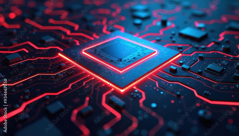 Poster red and blue circuit board with microchip: a microchip on a red and blue circuit board, symbolizing 