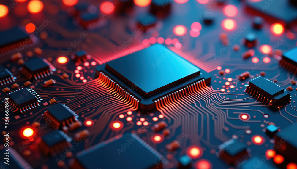 Poster glowing ai processor on circuit board: a glowing ai processor on a circuit board, symbolizing advanc