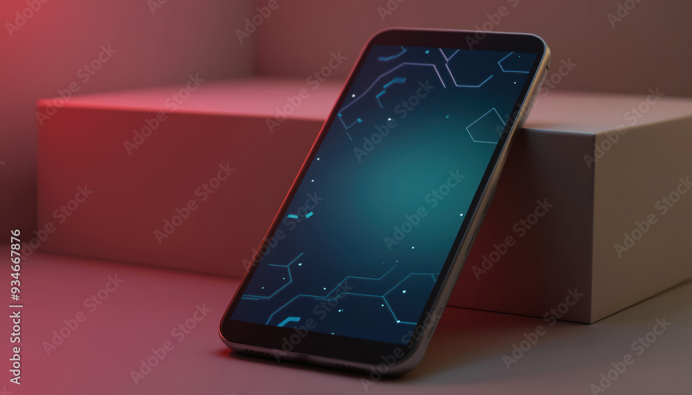 Poster modern smartphone with digital interface: a modern smartphone with a digital interface, placed on a 