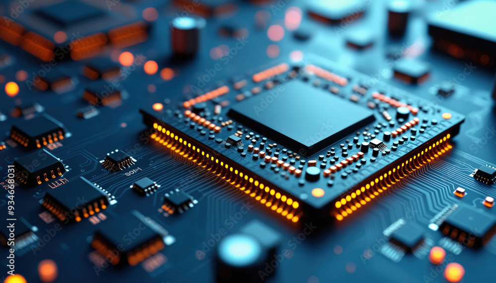 Poster gold processor on circuit board: a gold processor on a circuit board, representing high-tech computi