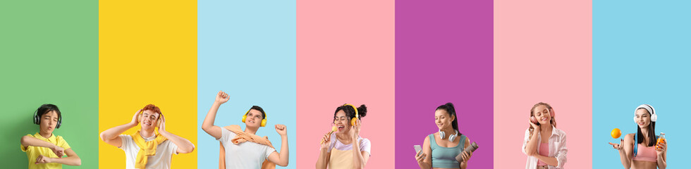 Set of different people with headphones listening to music on color background